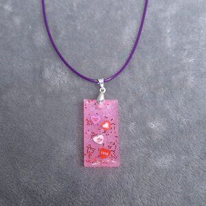 Handmade Conversation Hearts Valentines Necklace Pink Resin Pendant Purple Cord